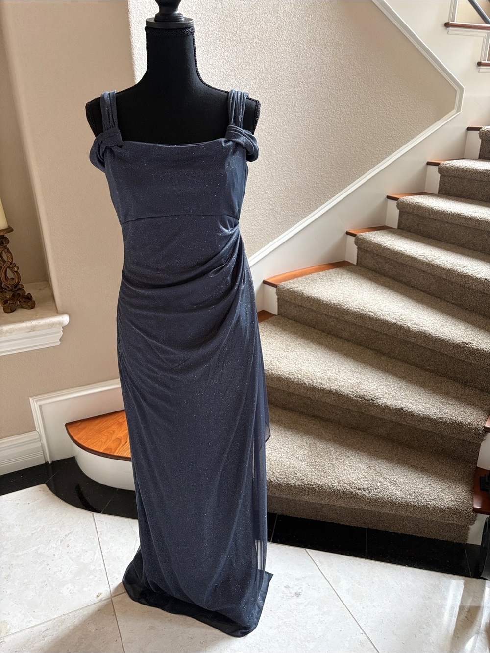 Alex Evenings Sparkling Midnight Blue Maxi Gown with Knotted Straps